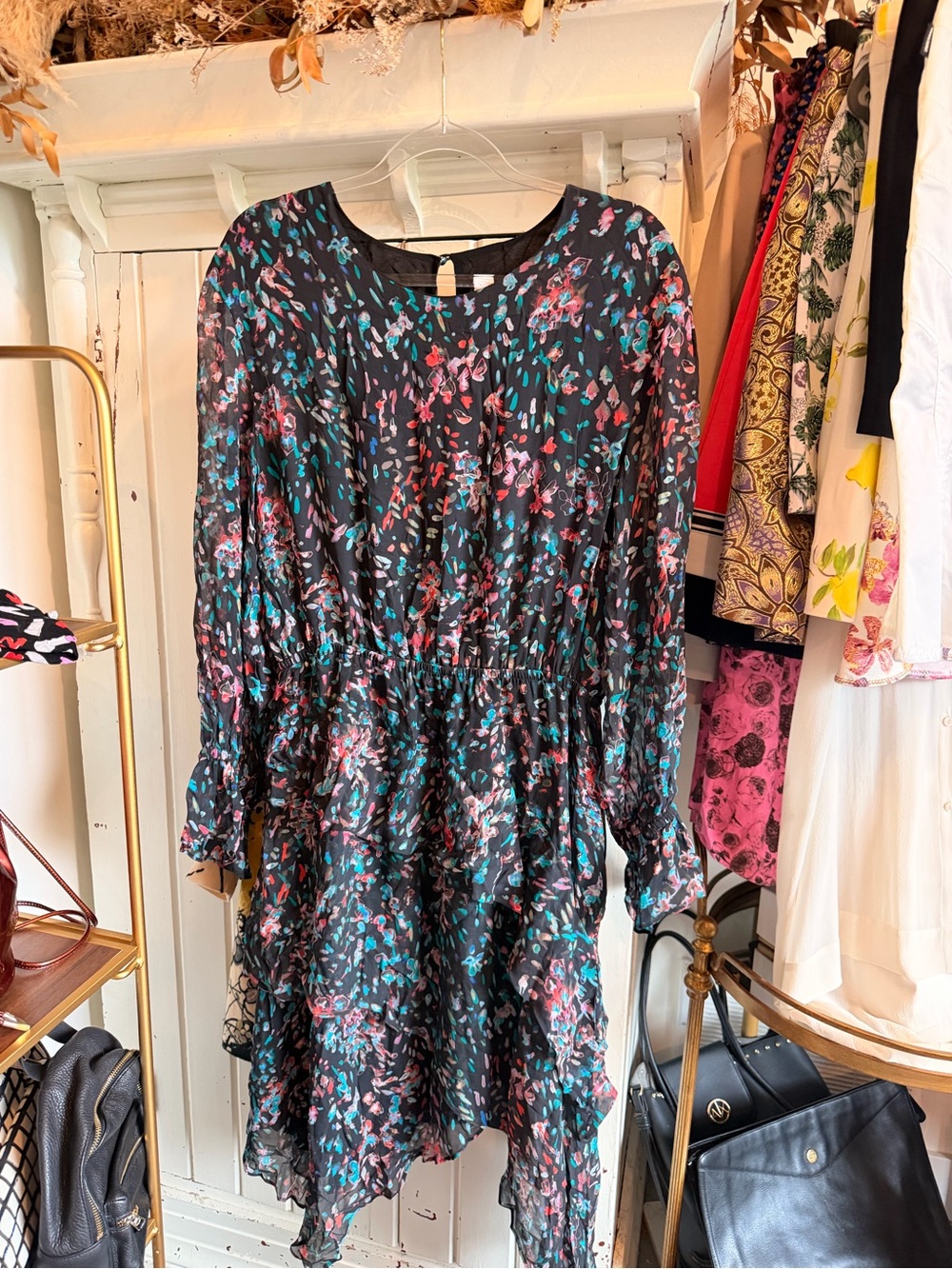 IRO Black Floral Long-Sleeve Tiered Dress with Teal & Pink Accents
